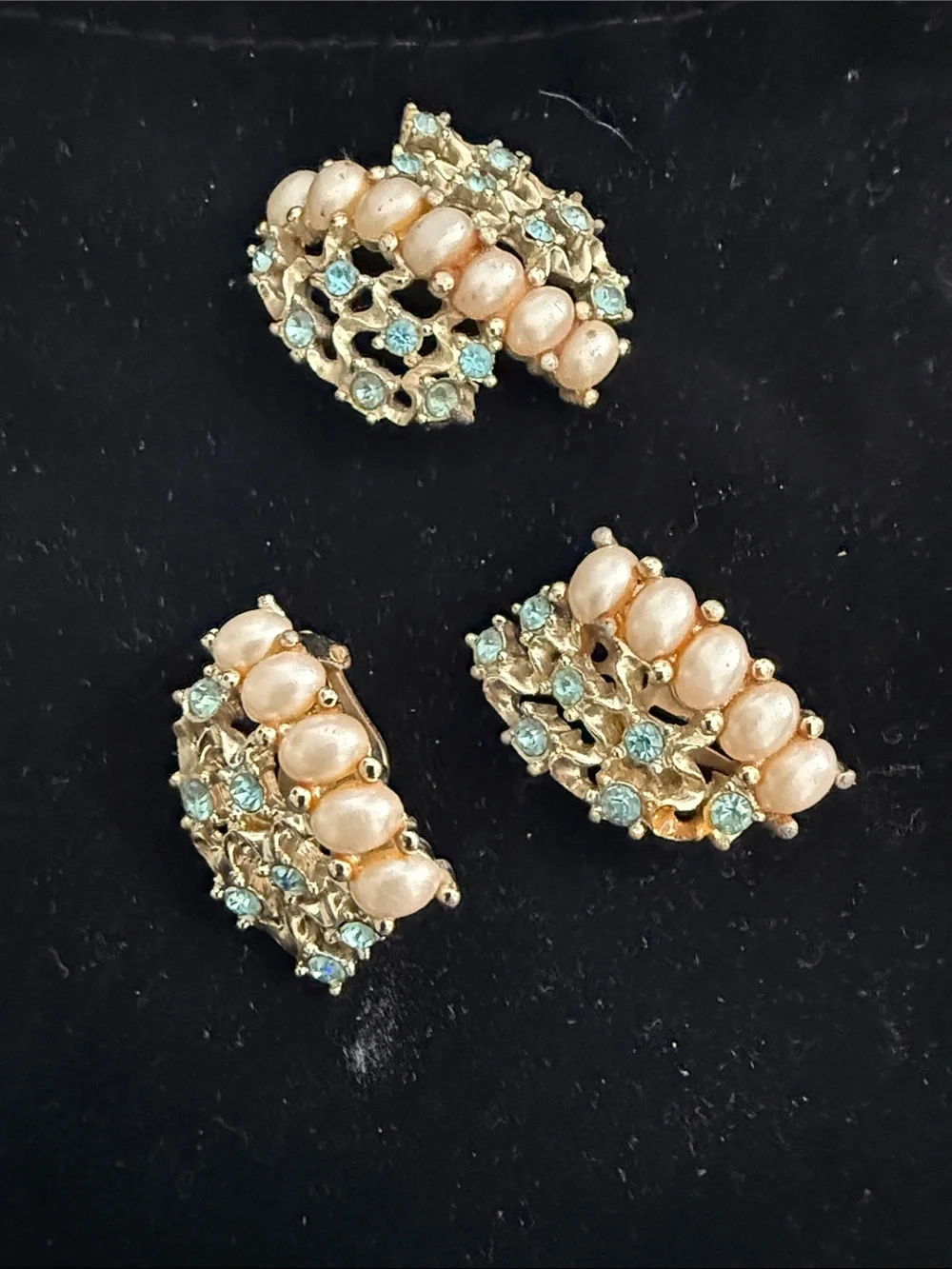 Gold-Tone Faux Pearl and Aqua Crystal Women Earrings - Unbranded